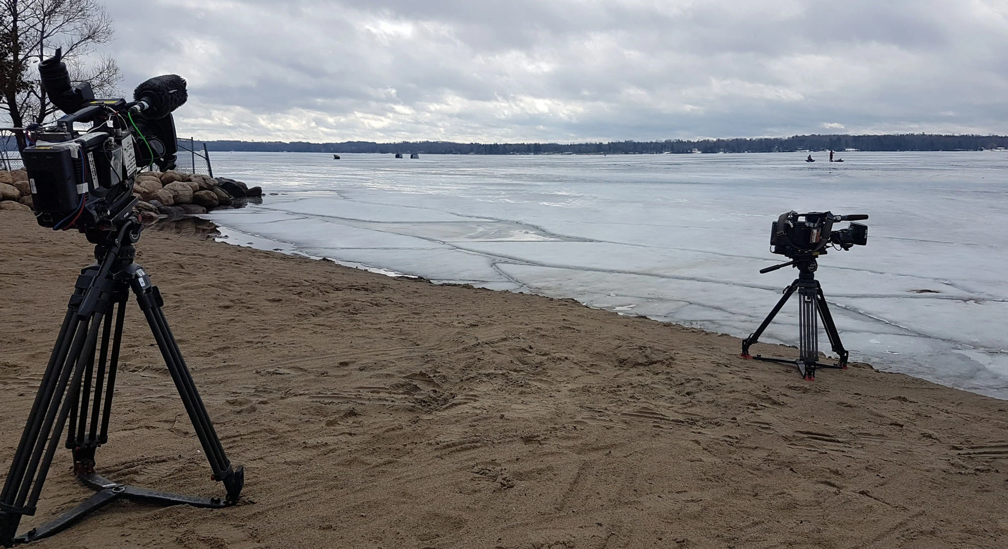 Cameras set up beside the water for a location shoot